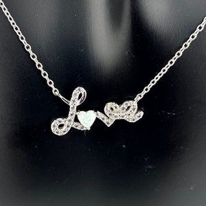 "Love" with Created White Opal Heart Necklace  - Sterling Silver 16" Chain